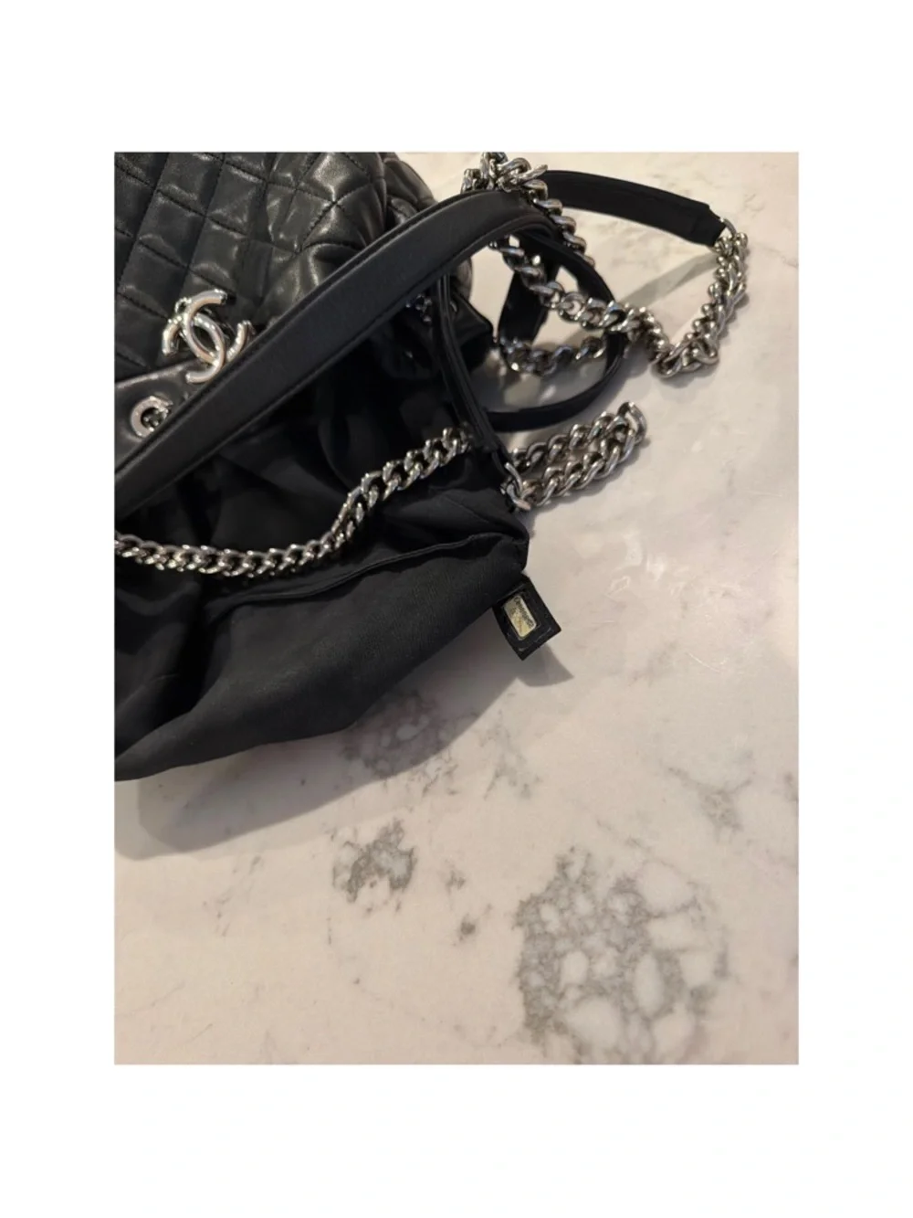 CHANEL Black Quilted Leather Bucket Hobo with Chain Strap